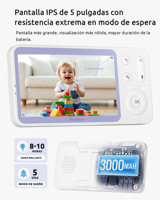 2K/3MP Camara Vigilancia Bebe Inalámbrica con Pantalla 5" IPS y 360° PTZ, Vigilabebes con WiFi y App, Visión Nocturna, Detección de llanto/Movimiento, Audio Bidireccional, Nanas, VOX(1PCS)