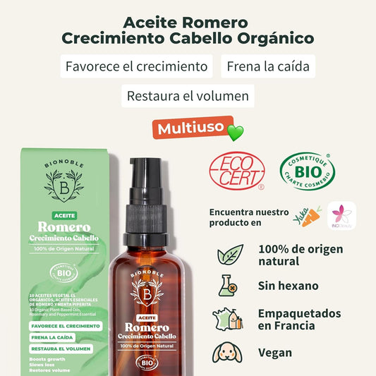 BIONOBLE Aceite de Romero para el Cabello Orgánico - Estimula Crecimiento Pelo, Nutre el Cuero Cabelludo - Aceite Esencial de Romero, Ricino - Rosemary Oil Hair Growth - Botella Vidrio, Pipeta - 50ml