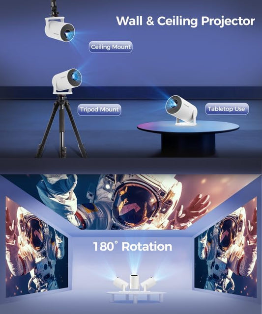 Proyector Portátil con Android 14, Mini Proyector 4k 1080P Full HD Soporte 200ANSI 8000L, Videoproyector WiFi 5G BT 5.4, Cine Projector 180 ° Se Puede Girar para TV Stick Blanco