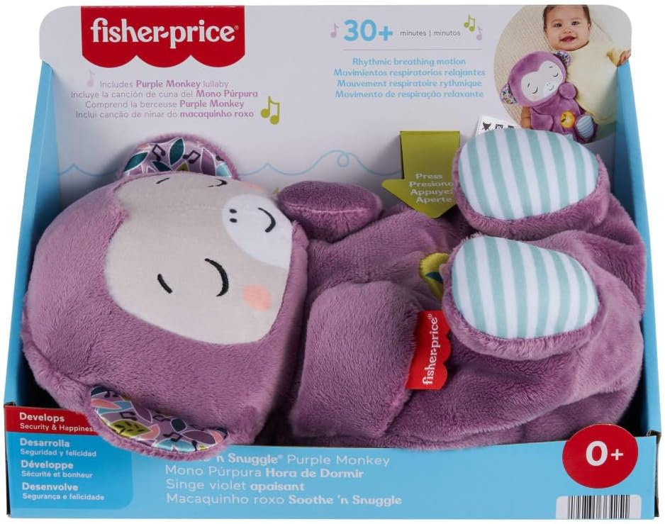 Fisher-Price Mono Morado Hora de Dormir Juguete para bebés, sonajero portátil de Peluche con Movimiento de respiración y Luces para bebés recién Nacidos a Partir de 0 Meses, JLH41