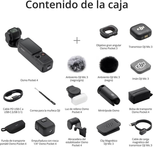 Pack para Creadores dji Osmo Pocket 4, cámara para videovlogs de Bolsillo con estabilizador, 1″ CMOS y 4K/240 fps, estabilización de 3 Ejes, Zoom 2× sin pérdidas, Almacenamiento Interno de 107 GB