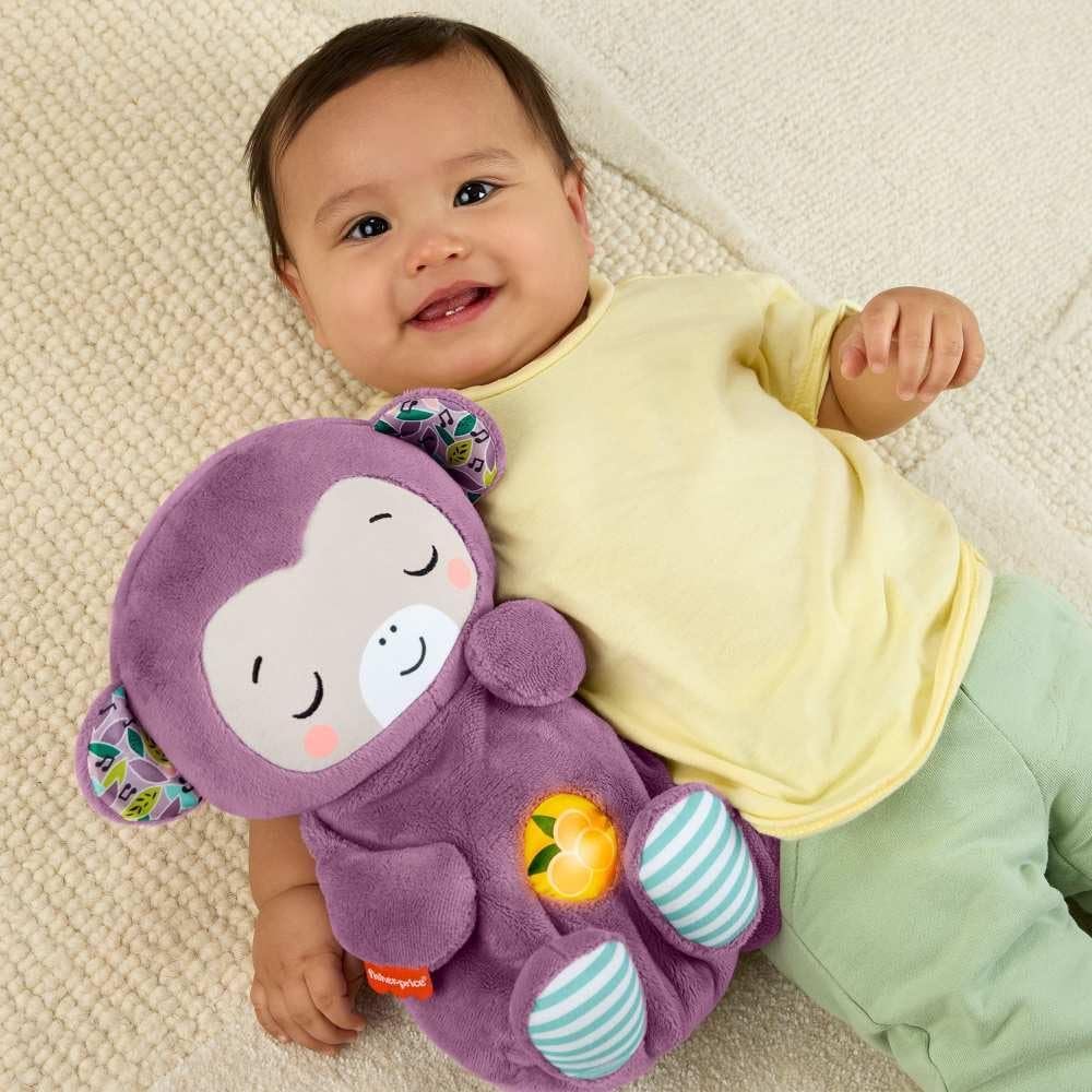 Fisher-Price Mono Morado Hora de Dormir Juguete para bebés, sonajero portátil de Peluche con Movimiento de respiración y Luces para bebés recién Nacidos a Partir de 0 Meses, JLH41