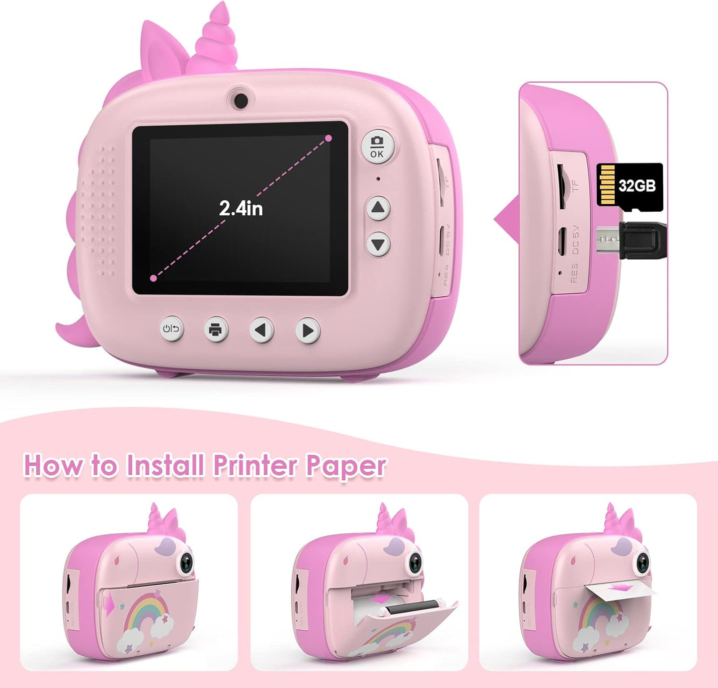 HiMont - Cámara infantil digital instantánea con papel de impresión y tarjeta TF de 32 GB, cámara de vídeo, lápices de colores, clips de fotos para manualidades, regalo, de 3 a 14 años, color rosa