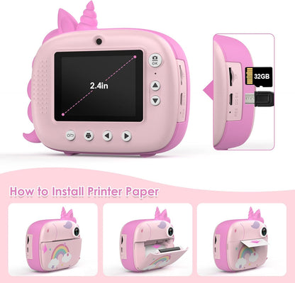 HiMont - Cámara infantil digital instantánea con papel de impresión y tarjeta TF de 32 GB, cámara de vídeo, lápices de colores, clips de fotos para manualidades, regalo, de 3 a 14 años, color rosa