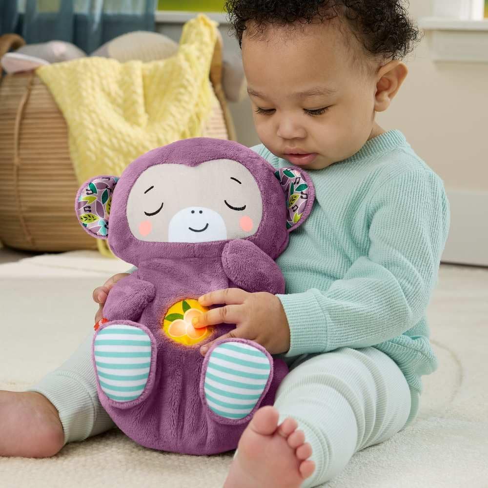 Fisher-Price Mono Morado Hora de Dormir Juguete para bebés, sonajero portátil de Peluche con Movimiento de respiración y Luces para bebés recién Nacidos a Partir de 0 Meses, JLH41