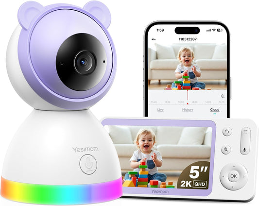 2K/3MP Camara Vigilancia Bebe Inalámbrica con Pantalla 5" IPS y 360° PTZ, Vigilabebes con WiFi y App, Visión Nocturna, Detección de llanto/Movimiento, Audio Bidireccional, Nanas, VOX(1PCS)