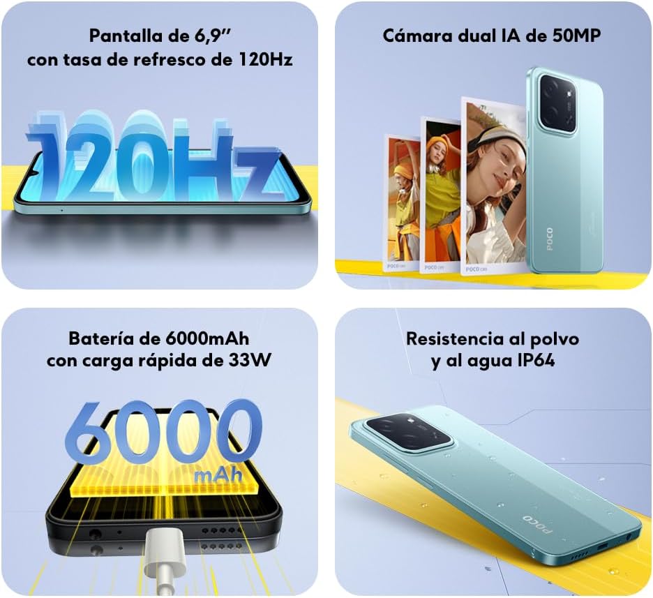 XIAOMI POCO C85 - Smartphone de 8+256GB, Cámara Dual de 50MP con AI, Pantalla inmersiva de 6,9”, Potente procesador Octa-Core, Carga rápida de 33W, 6000mAh, Cargador no Incluido, Negro (Versión ES)