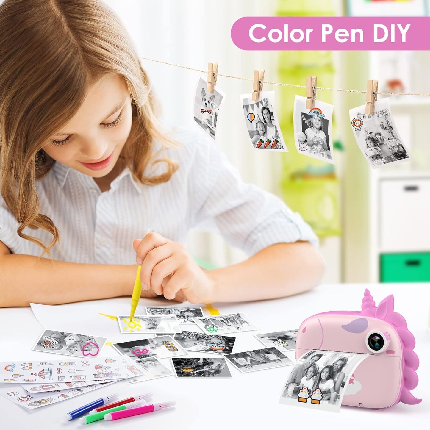 HiMont - Cámara infantil digital instantánea con papel de impresión y tarjeta TF de 32 GB, cámara de vídeo, lápices de colores, clips de fotos para manualidades, regalo, de 3 a 14 años, color rosa