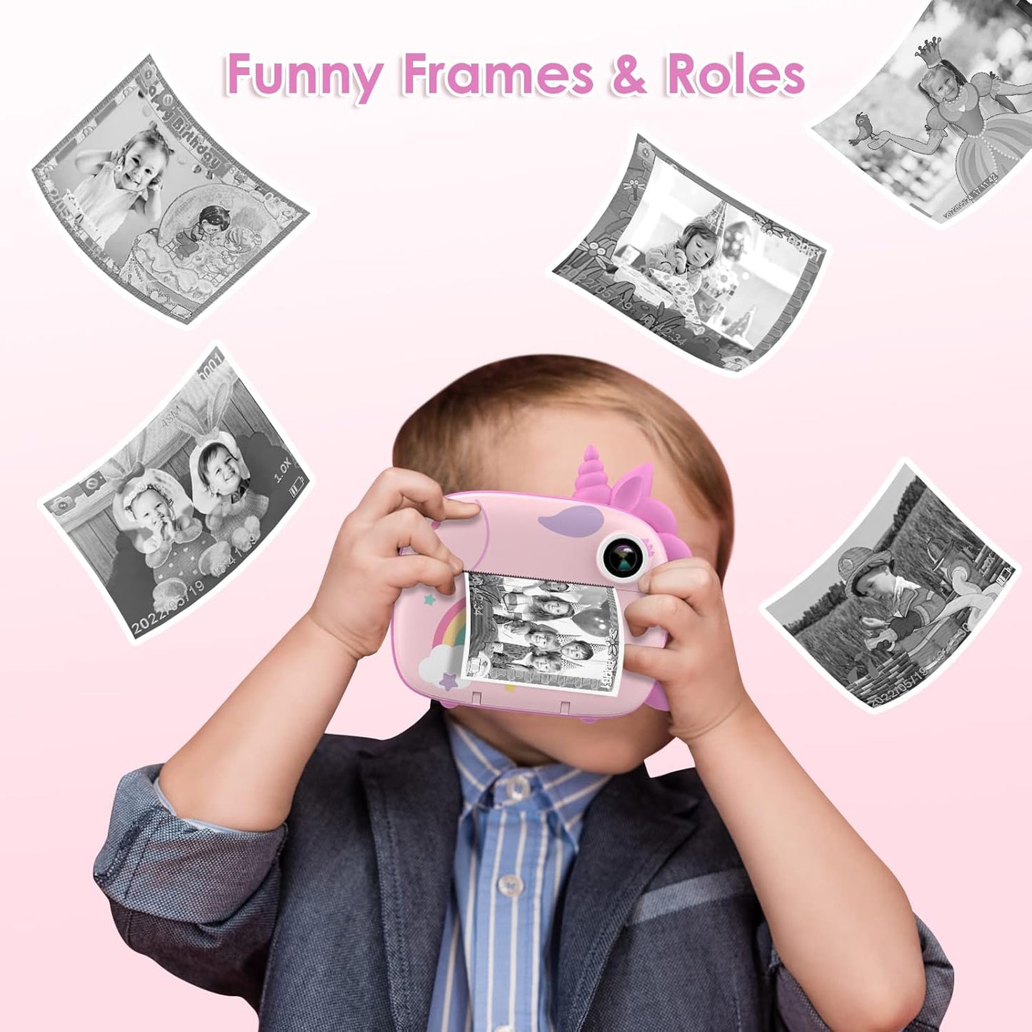 HiMont - Cámara infantil digital instantánea con papel de impresión y tarjeta TF de 32 GB, cámara de vídeo, lápices de colores, clips de fotos para manualidades, regalo, de 3 a 14 años, color rosa