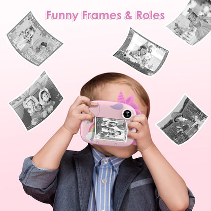 HiMont - Cámara infantil digital instantánea con papel de impresión y tarjeta TF de 32 GB, cámara de vídeo, lápices de colores, clips de fotos para manualidades, regalo, de 3 a 14 años, color rosa