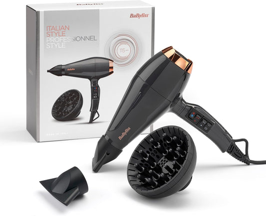 BaByliss Secador de pelo Italian Air Pro con Difusor - Motor AC Profesional, Alta potencia 2200 W, Tecnología iónica antiencrespamiento, 2 temperaturas y 2 velocidades, Made In Italy, Negro
