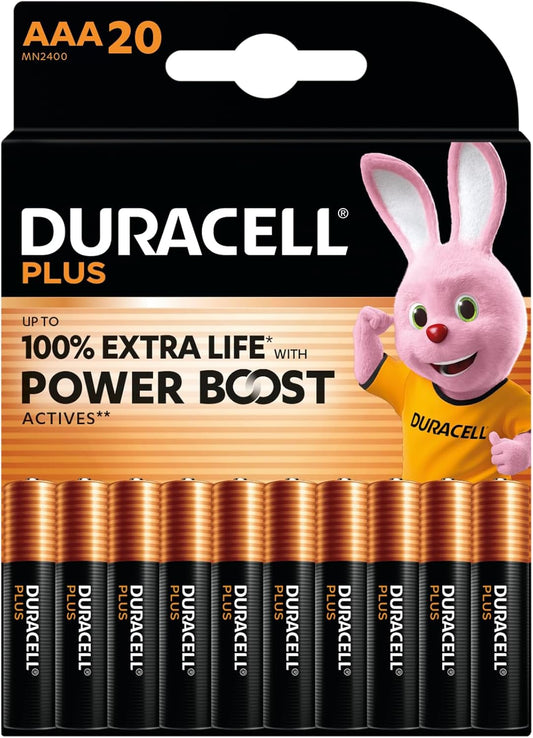 DURACELL Plus Pilas AAA (Paquete de 20) – Pilas alcalinas 1,5 V–hasta un 100% de duración Extra con Activos Power Boost–Fiabilidad para Dispositivos cotidianos–Envase con 0% de plástico–MN2400