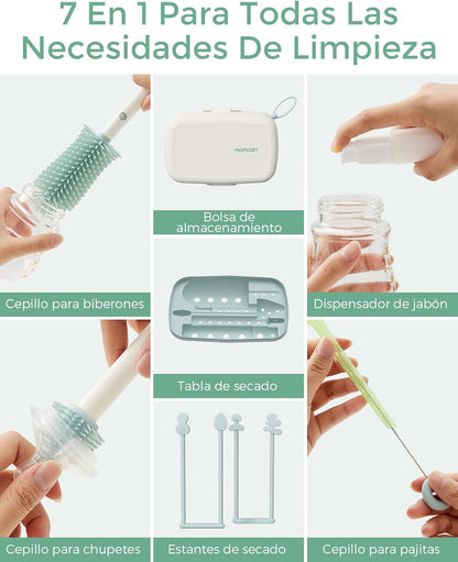 Momcozy Juego de cepillos 7 en 1 para biberones, Kit Completo de Limpieza de biberones con Cepillo de Silicona, Cepillo para pezón, Cepillo para Pajita, dispensador de jabón y Estante de Secado