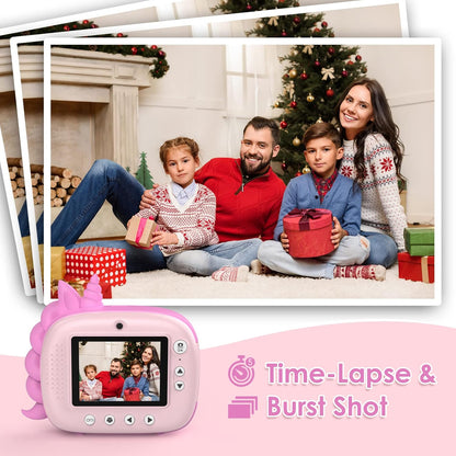 HiMont - Cámara infantil digital instantánea con papel de impresión y tarjeta TF de 32 GB, cámara de vídeo, lápices de colores, clips de fotos para manualidades, regalo, de 3 a 14 años, color rosa