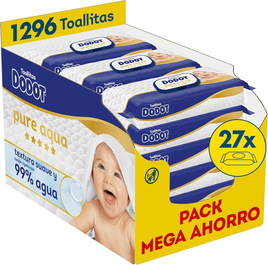 Dodot Toallitas Pure Aqua Para Bebé, 1296 Toallitas (9 Packs de 48 Unidades, Paquete de 3), Ayuda A Restaurar El PH Natural De La Piel, 99% Agua, Sin plástico