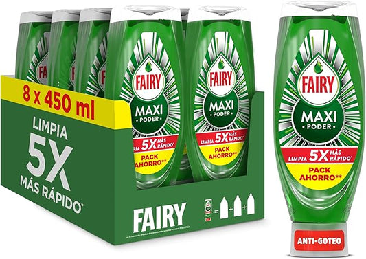 Fairy Maxi Poder Lavavajillas Liquido a Mano, 3,6 L (8 x 450 ml), Con Poder Antigrasa, Limpieza Facil Platos, Ollas Y Sartenes Mas Grasientas