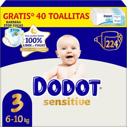Dodot Pañales Bebé Sensitive, Talla 3 (6-10 kg), 224 Pañales + 1 Pack de 40 Toallitas Regalo de Aqua Plastic Free, Nº1 en Protección de la Piel deDodot, Pack Mensual