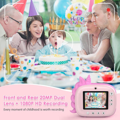 HiMont - Cámara infantil digital instantánea con papel de impresión y tarjeta TF de 32 GB, cámara de vídeo, lápices de colores, clips de fotos para manualidades, regalo, de 3 a 14 años, color rosa