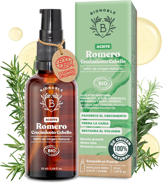 BIONOBLE Aceite de Romero para el Cabello Orgánico - Estimula Crecimiento Pelo, Nutre el Cuero Cabelludo - Aceite Esencial de Romero, Ricino - Rosemary Oil Hair Growth - Botella Vidrio, Pipeta - 50ml