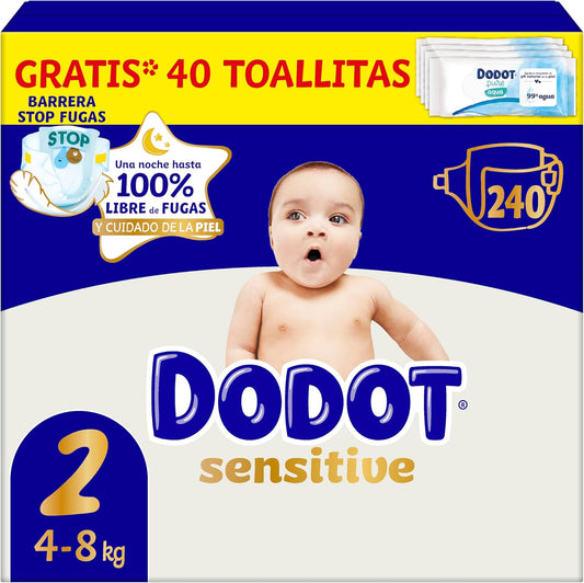 Dodot Pañales Bebé Sensitive, Talla 2 (4-8 kg), 240 Pañales + Regalo de 40 Toallitas Aqua Pure 99% Agua, Hasta 12 h De Protección Antifugas y Cuidado de la Piel, Pack Mensual