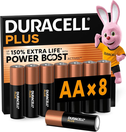 DURACELL Plus Pilas AA (Paquete de 8) – Pilas alcalinas 1,5 V – hasta un 150% de duración Extra con Activos Power Boost–Fiabilidad para Dispositivos cotidianos–Envase con 0% de plástico–MN1500
