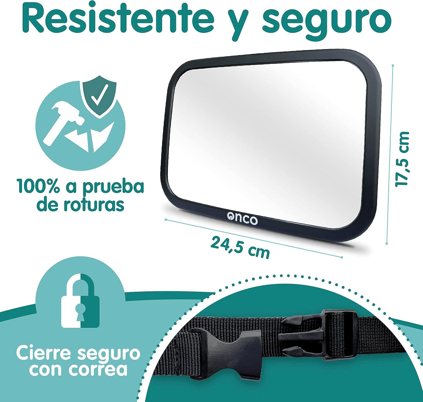 Onco Espejo Coche Bebé Asiento Trasero - 100% a Prueba de Roturas - Conduce Seguro y Observa a Tu Hijo - Accesorios Esenciales para Padres Primerizos - Ganador del Premio LovedByParents