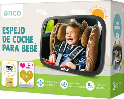 Onco Espejo Coche Bebé Asiento Trasero - 100% a Prueba de Roturas - Conduce Seguro y Observa a Tu Hijo - Accesorios Esenciales para Padres Primerizos - Ganador del Premio LovedByParents