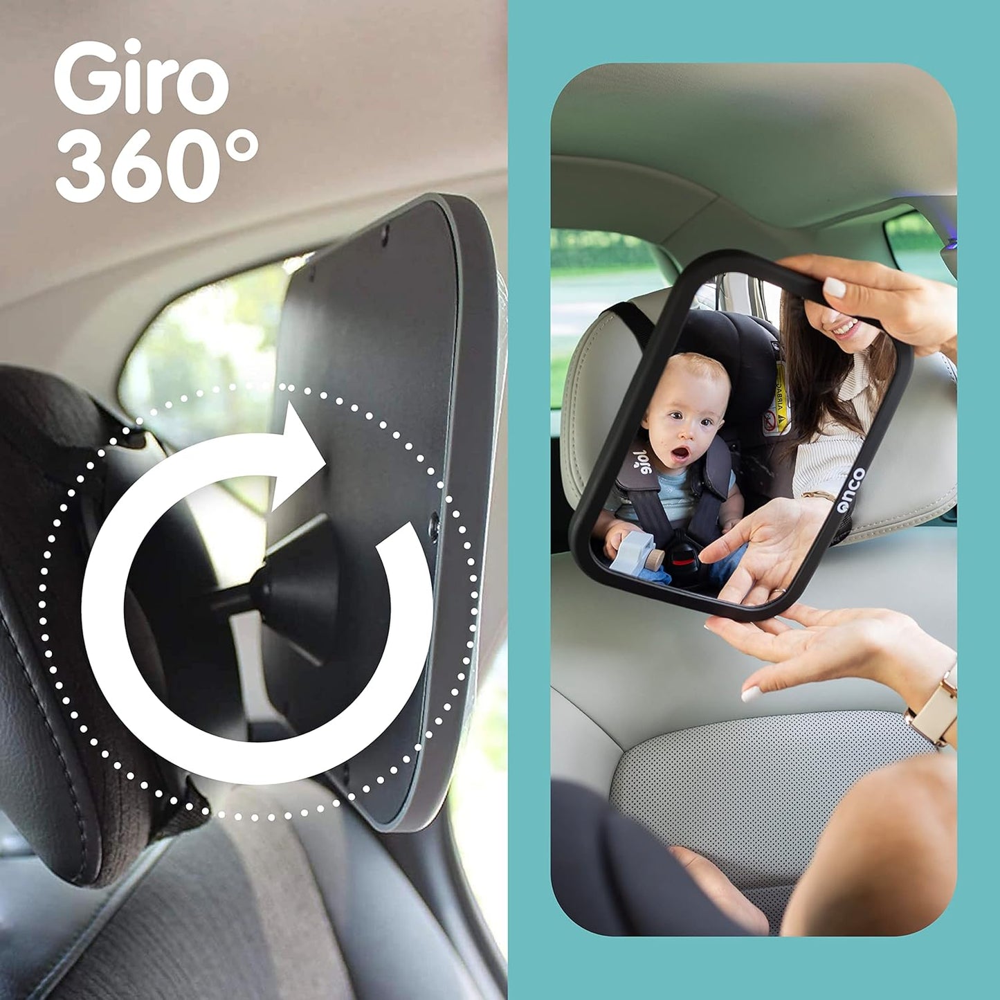 Onco Espejo Coche Bebé Asiento Trasero - 100% a Prueba de Roturas - Conduce Seguro y Observa a Tu Hijo - Accesorios Esenciales para Padres Primerizos - Ganador del Premio LovedByParents